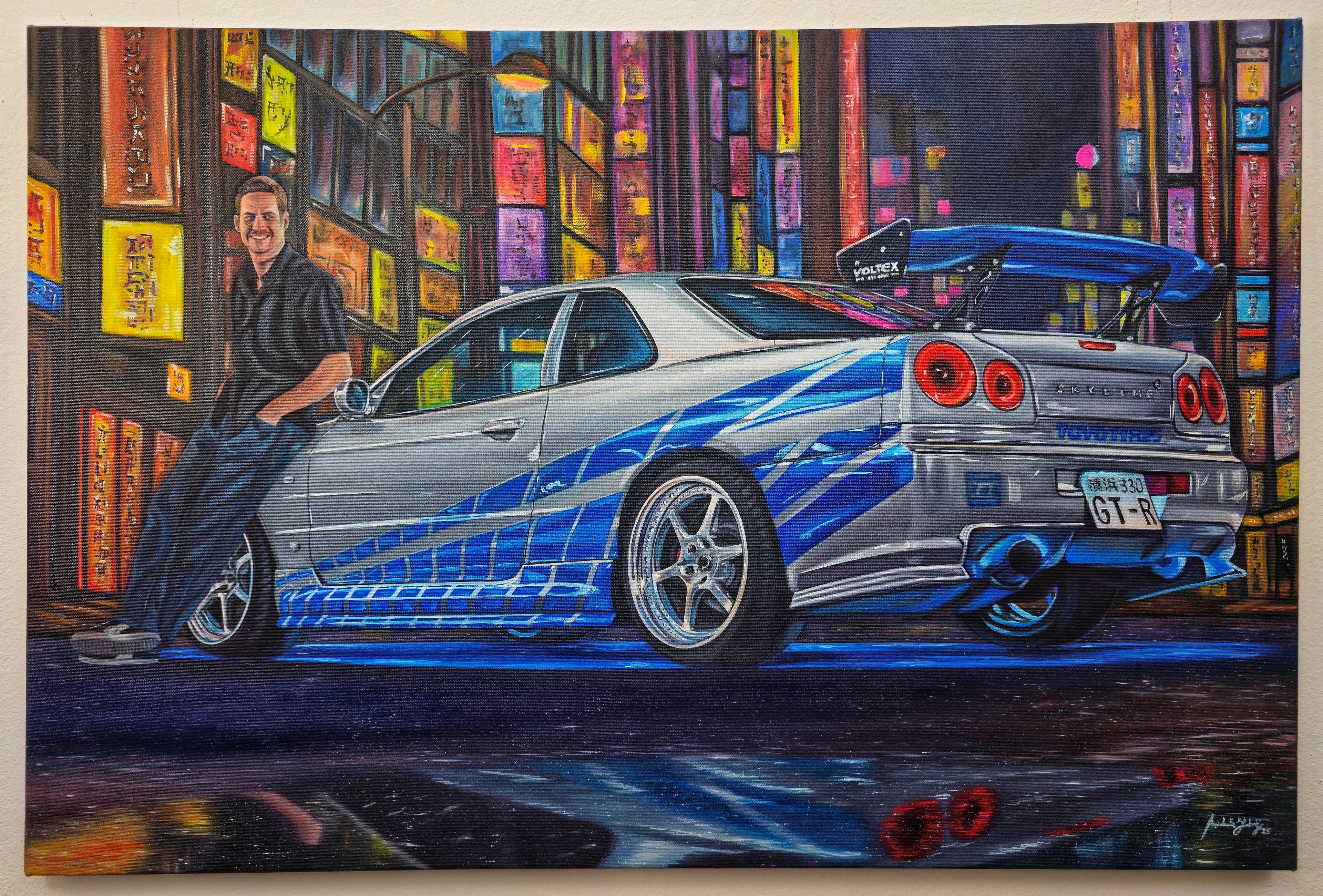Paul Walker & Nissan Skyline GT-R R34 from Fast and Furious - Original glow in the dark Oil Painting on Canvas