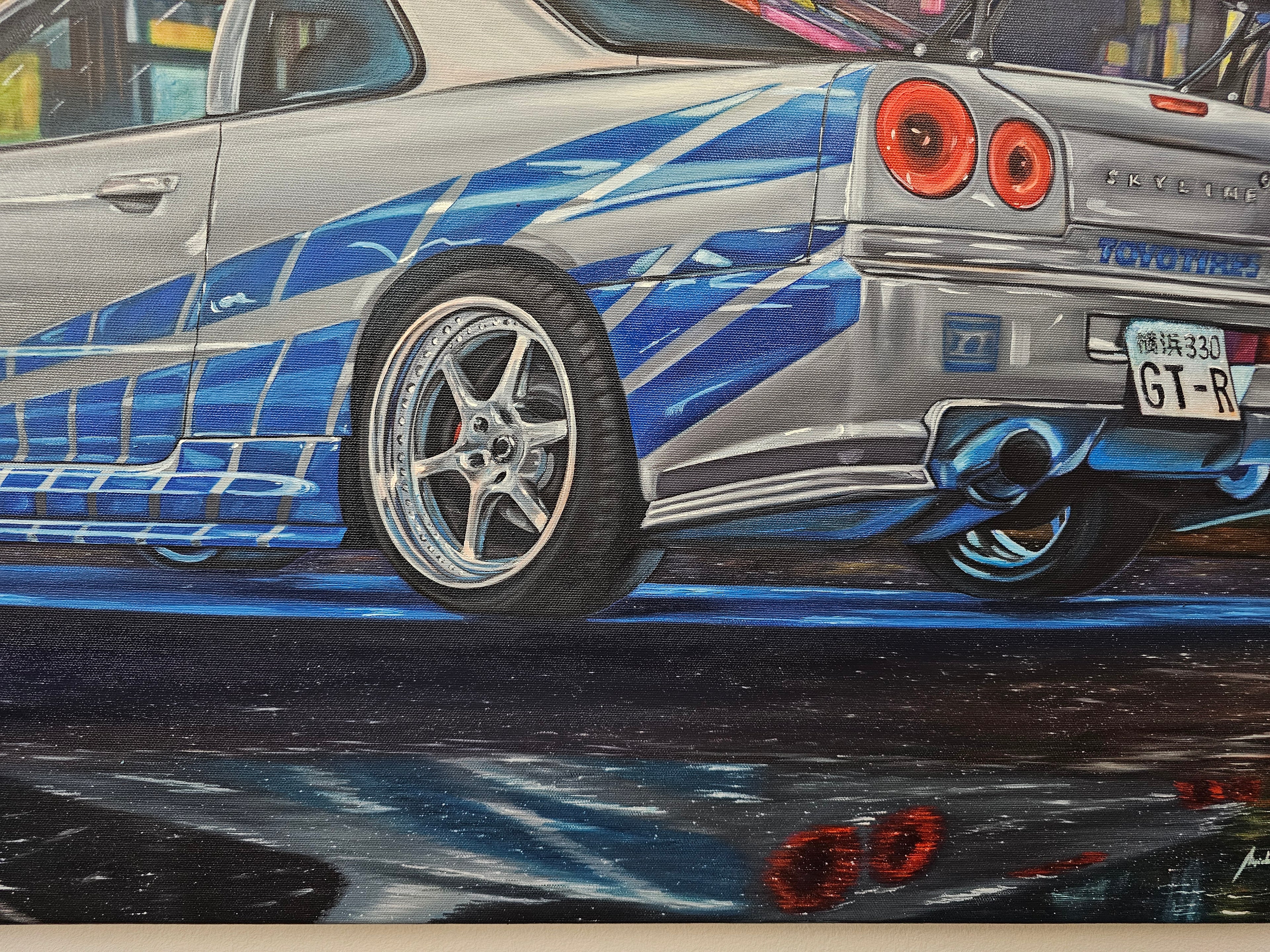 Paul Walker & Nissan Skyline GT-R R34 from Fast and Furious - Original glow in the dark Oil Painting on Canvas