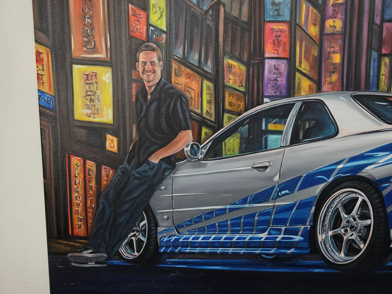 Paul Walker & Nissan Skyline GT-R R34 from Fast and Furious - Original glow in the dark Oil Painting on Canvas