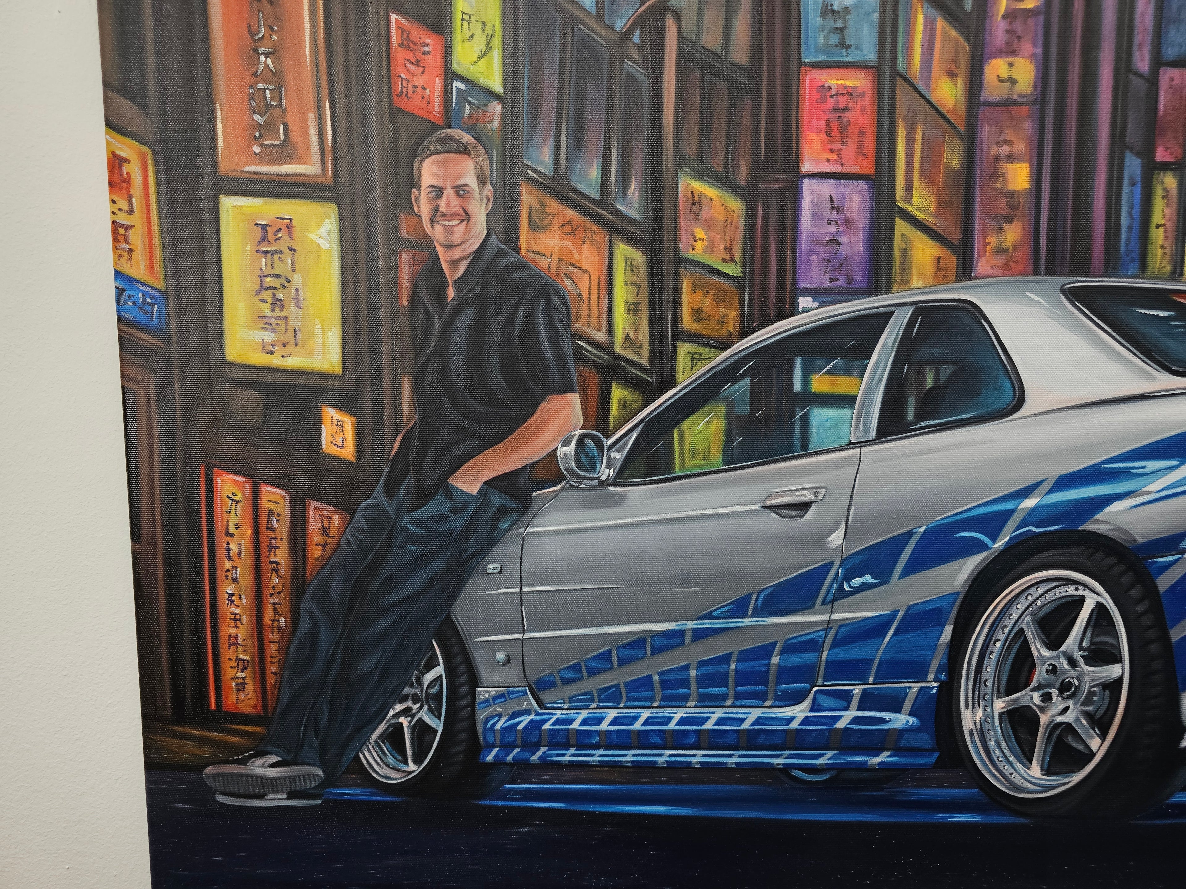 Paul Walker & Nissan Skyline GT-R R34 from Fast and Furious - Original glow in the dark Oil Painting on Canvas