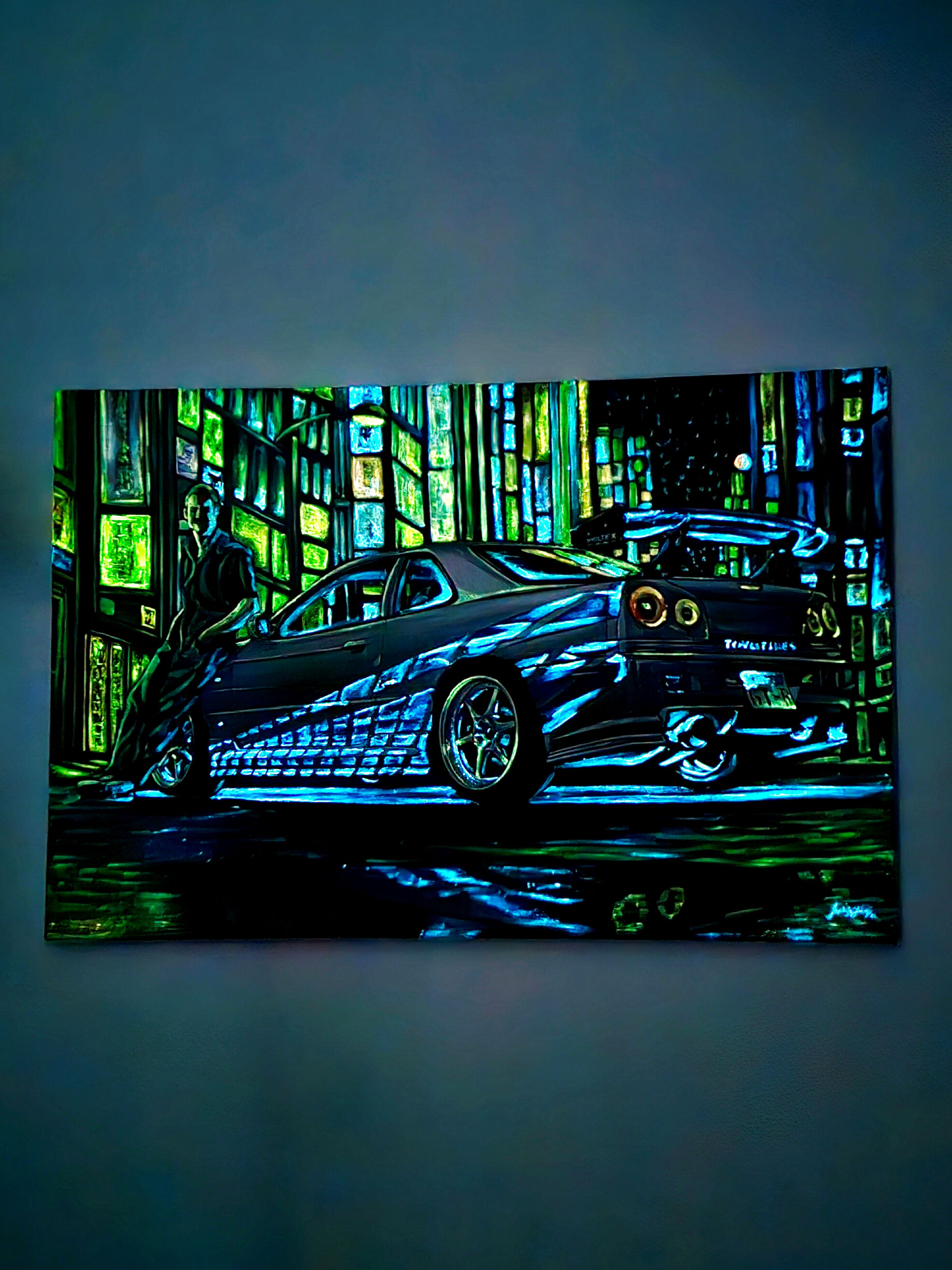 Paul Walker & Nissan Skyline GT-R R34 from Fast and Furious - Original glow in the dark Oil Painting on Canvas