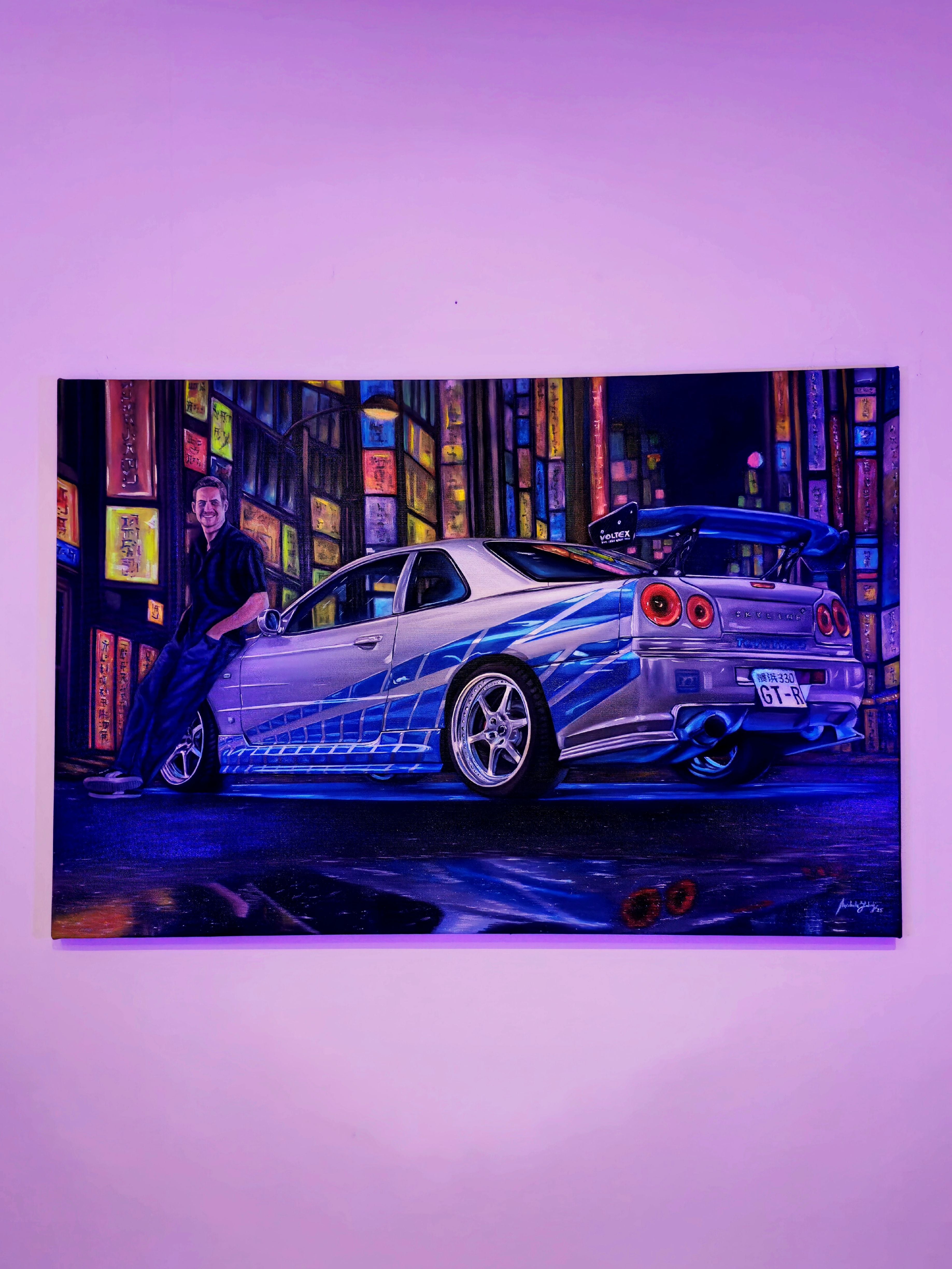 Paul Walker & Nissan Skyline GT-R R34 from Fast and Furious - Original glow in the dark Oil Painting on Canvas