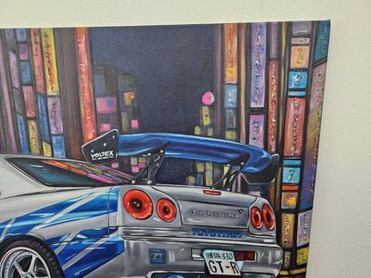 Paul Walker &amp; Nissan Skyline GT-R R34 from Fast and Furious - Original glow in the dark Oil Painting on Canvas