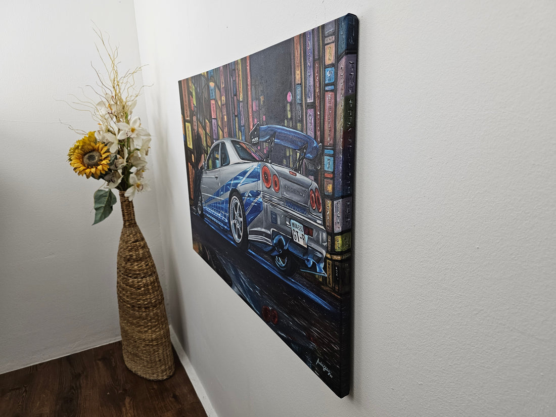 Paul Walker &amp; Nissan Skyline GT-R R34 from Fast and Furious - Original glow in the dark Oil Painting on Canvas