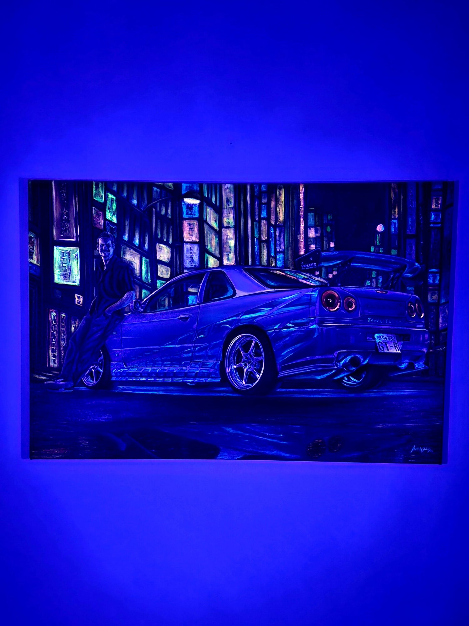Paul Walker &amp; Nissan Skyline GT-R R34 from Fast and Furious - Original glow in the dark Oil Painting on Canvas