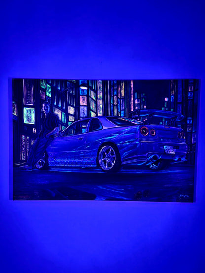 Paul Walker &amp; Nissan Skyline GT-R R34 from Fast and Furious - Original glow in the dark Oil Painting on Canvas