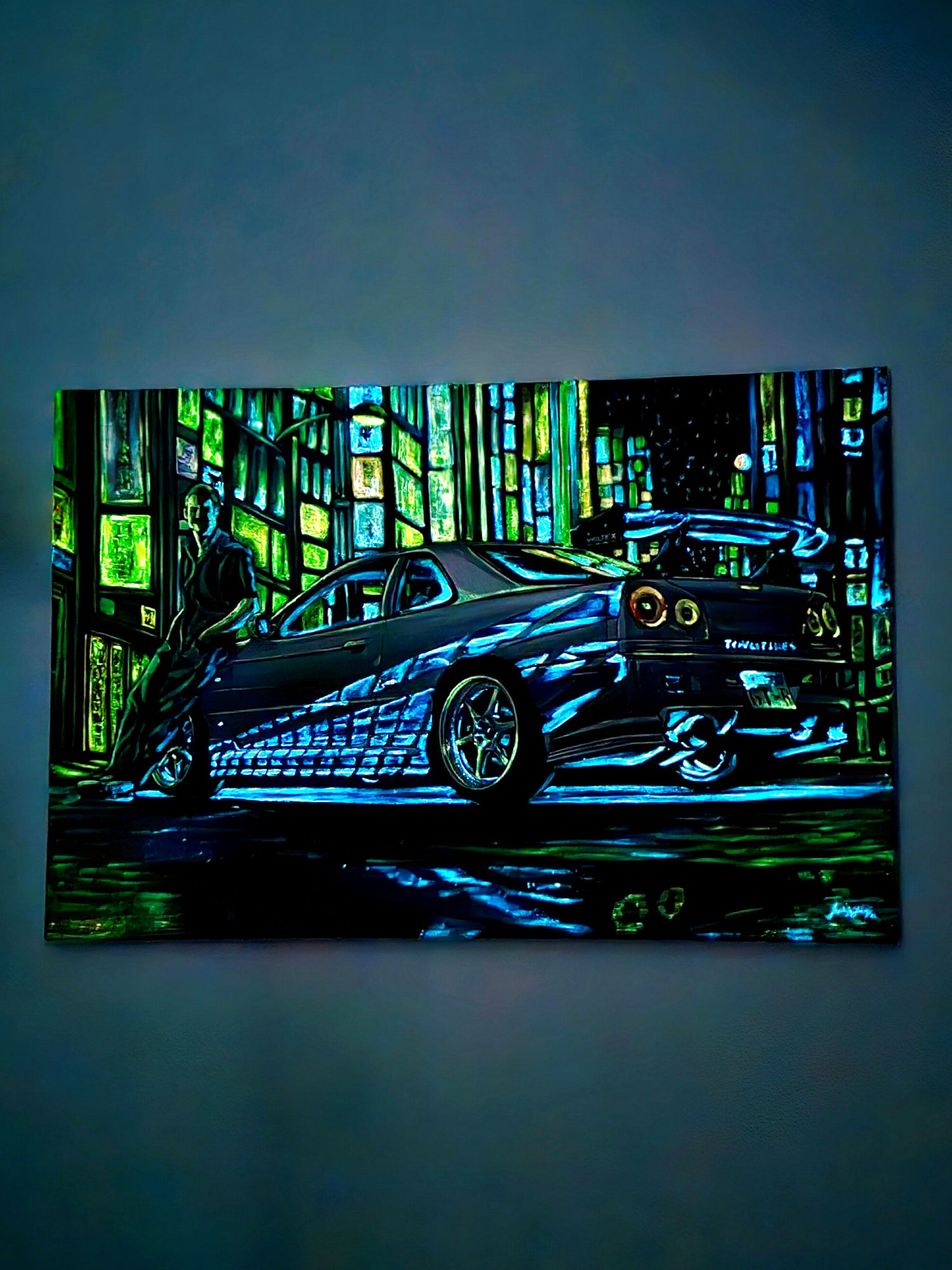 Paul Walker &amp; Nissan Skyline GT-R R34 from Fast and Furious - Original glow in the dark Oil Painting on Canvas