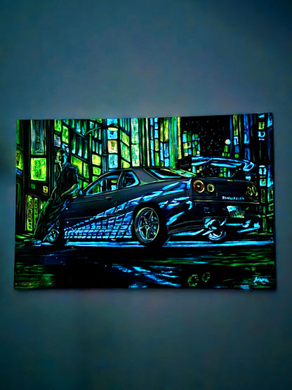 Paul Walker &amp; Nissan Skyline GT-R R34 from Fast and Furious - Original glow in the dark Oil Painting on Canvas