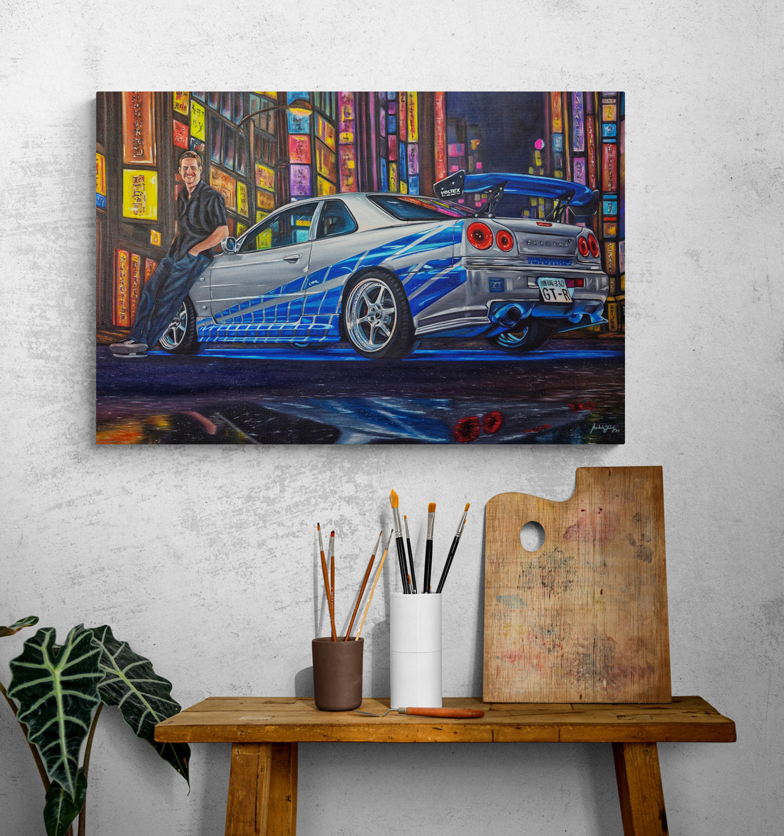 Paul Walker &amp; Nissan Skyline GT-R R34 from Fast and Furious - Original glow in the dark Oil Painting on Canvas