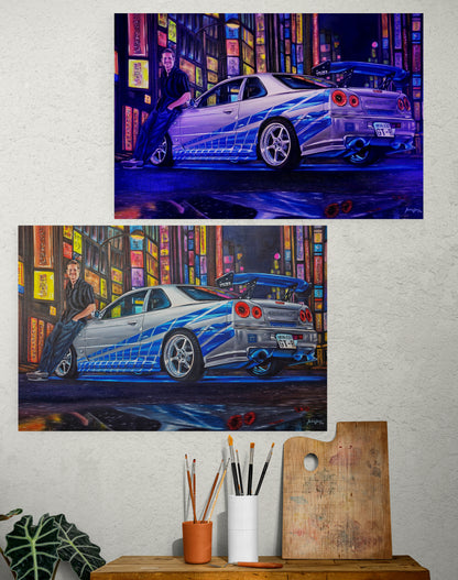 Paul Walker &amp; Nissan Skyline GT-R R34 from Fast and Furious Painting Limited Edition Canvas Print