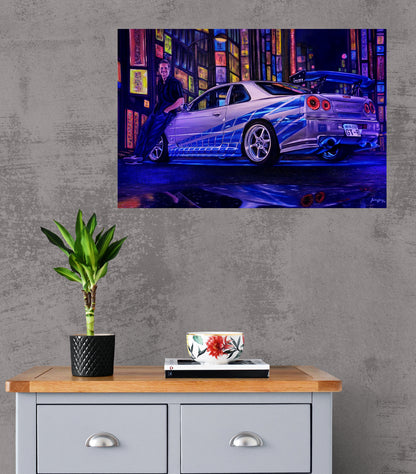 Paul Walker &amp; Nissan Skyline GT-R R34 from Fast and Furious Painting Limited Edition Canvas Print